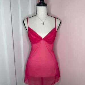 Vintage Hot Pink Ruffle Lace Mesh Slip Dress, Size M - Y2K Lingerie